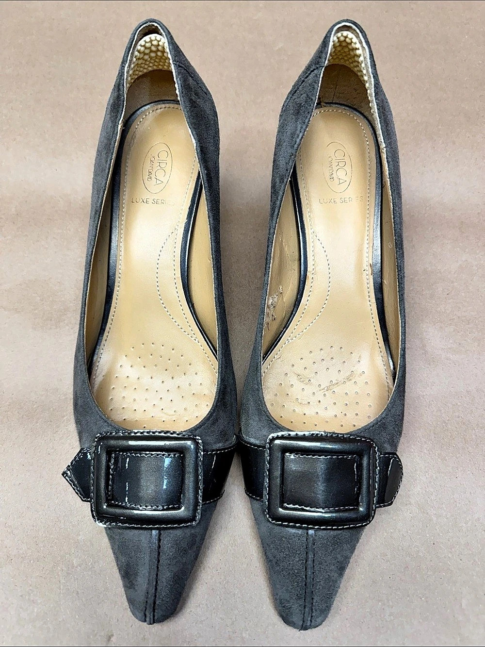 CIRCA JOAN & DAVID Luxe Series Pointed-Toe Buckle Heels in Gray